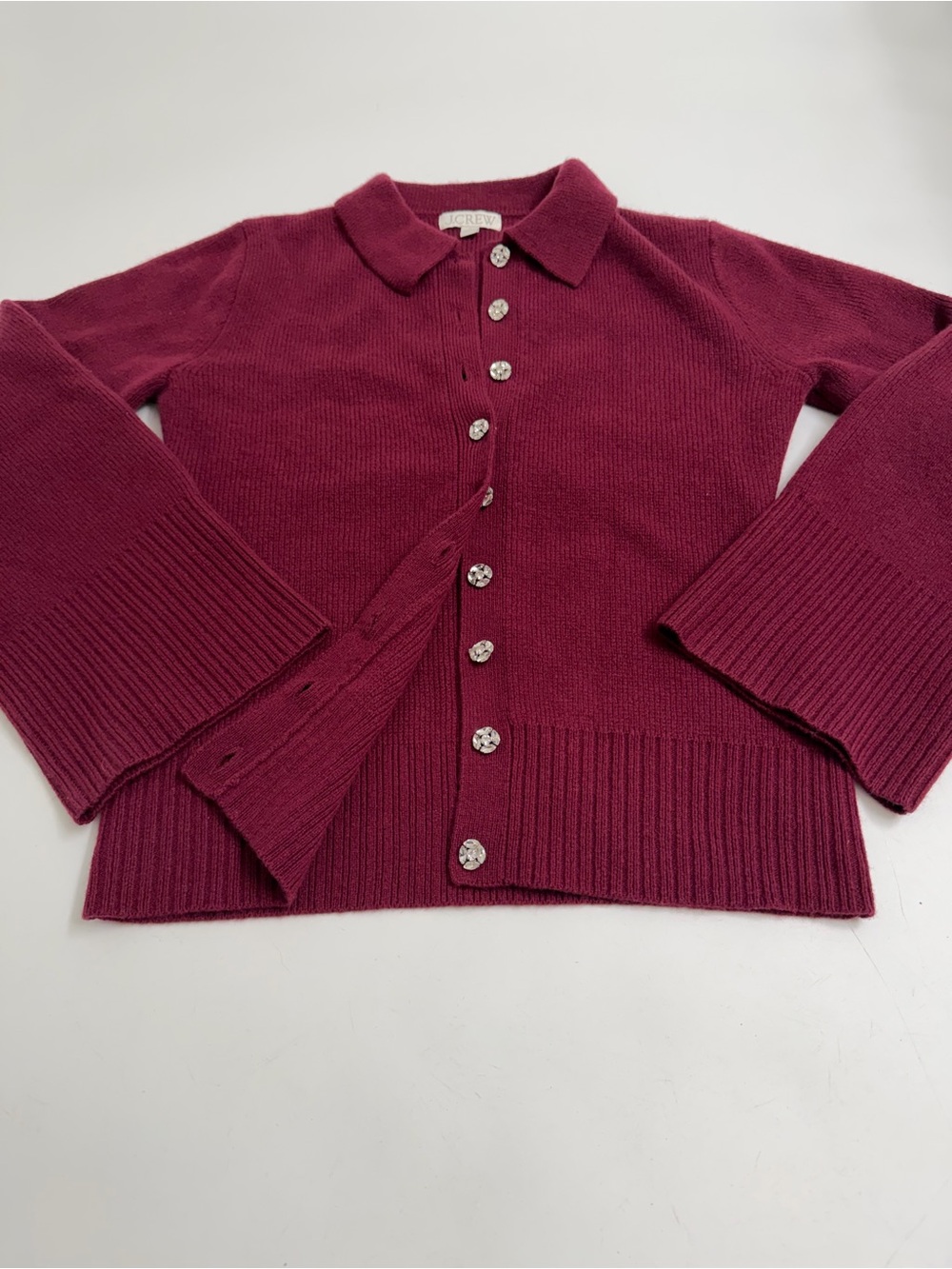 J.Crew 100% Lambswool Jeweled Button Cardigan Burgundy Collared Sweater Small